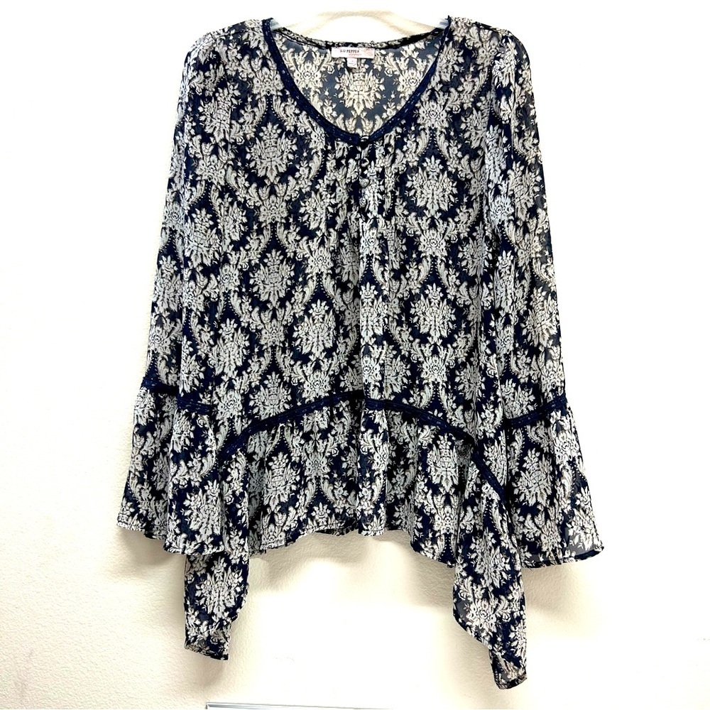 Blue Pepper Women's Navy Blue / Tan Floral Long Bell Sleeve Sheer Top Size Small